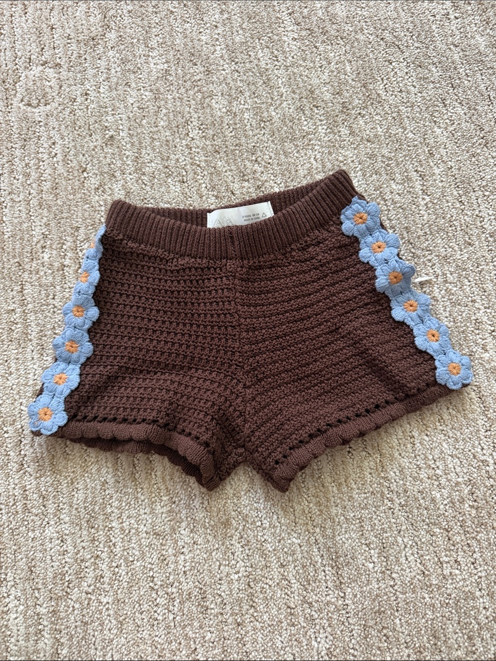 Brown Crochet kids Shorts with Blue Floral Trim